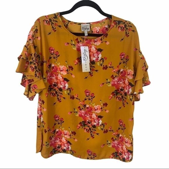 Come Vintage mustard floral top layered sleeve M (K1) - Picture 1 of 11